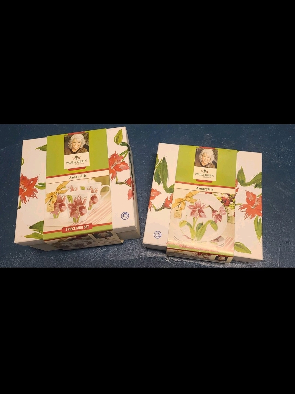 New In Box Paula Deen "Amaryllis" Pink  Flower Coffee Cups & Dessert Plate Sets
